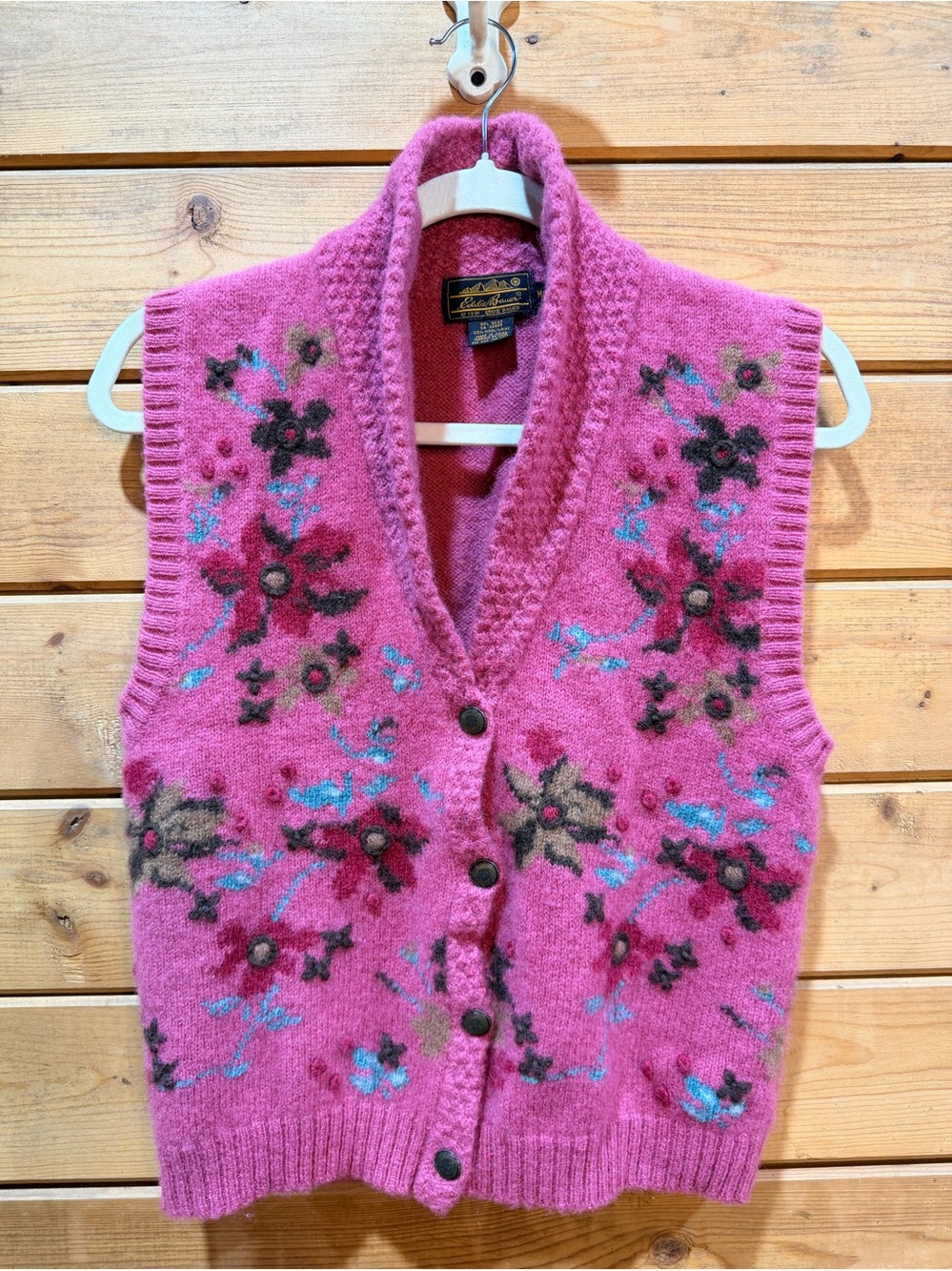 Vintage Eddie Bauer 100% Wool Floral Embroidered Sweater Vest Pink M